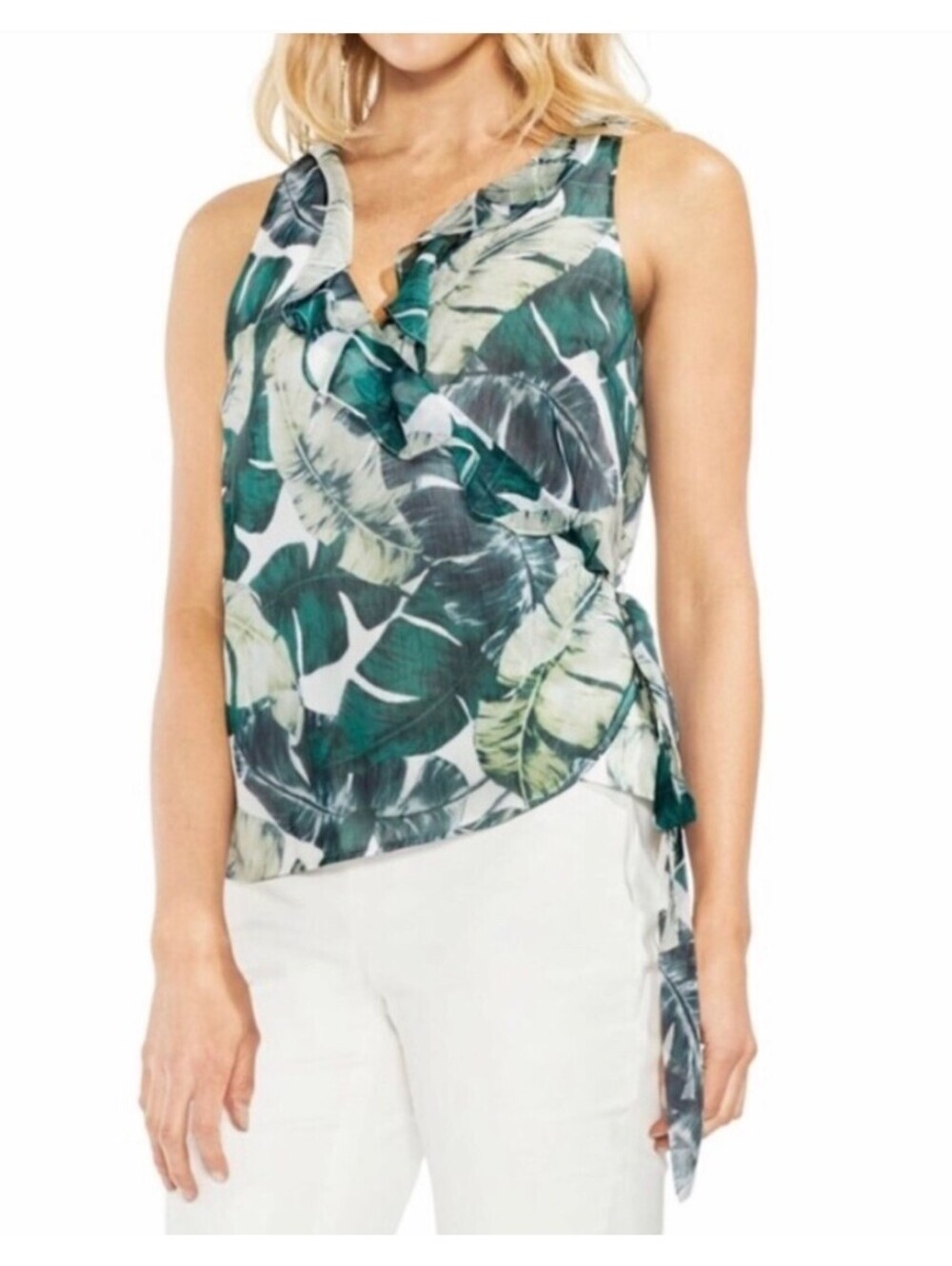 Vince Camuto Jungle Palm Wrap Blouse M Tropical Ruffle Sleeveless Top NWT